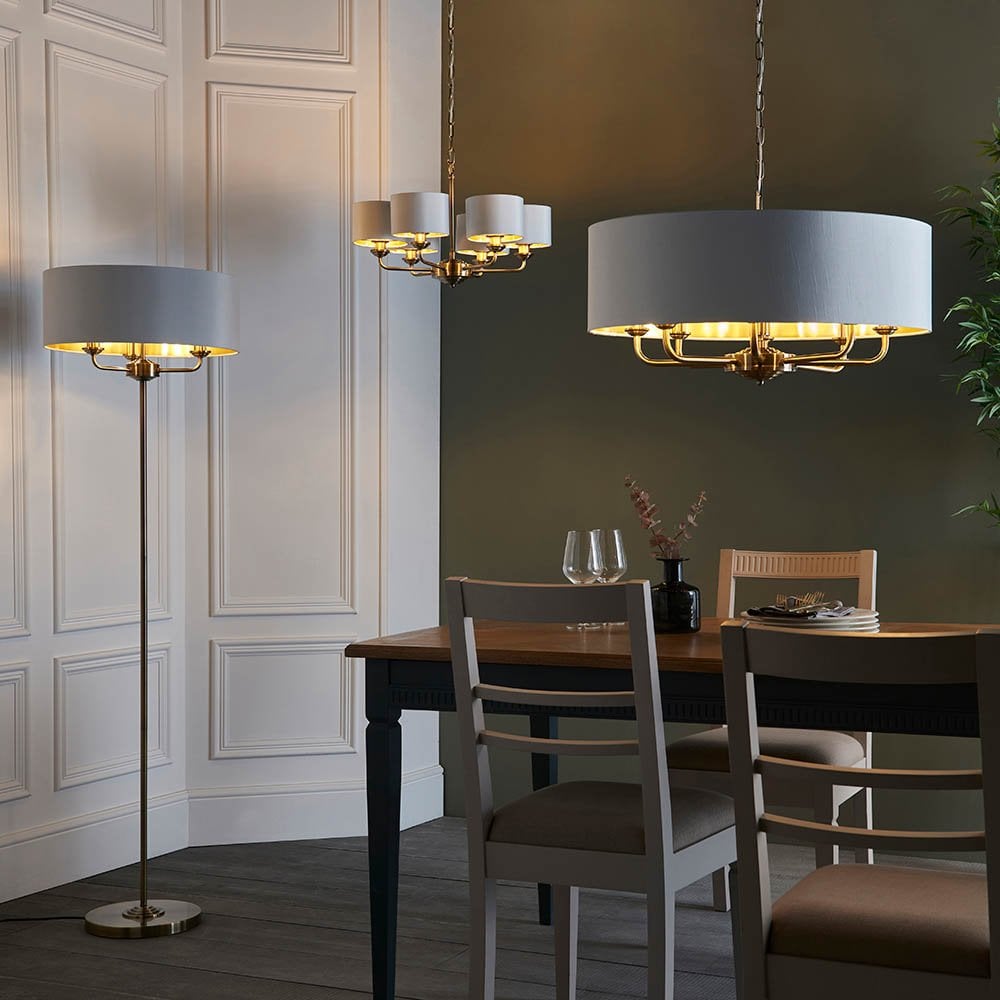 Highclere 3 Light Floor Lamp in Antique Brass C/W White Shade & Gold Inner