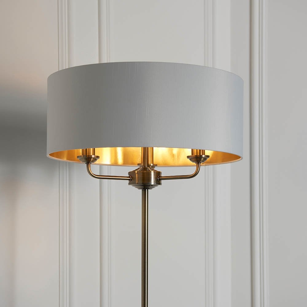 Highclere 3 Light Floor Lamp in Antique Brass C/W White Shade & Gold Inner