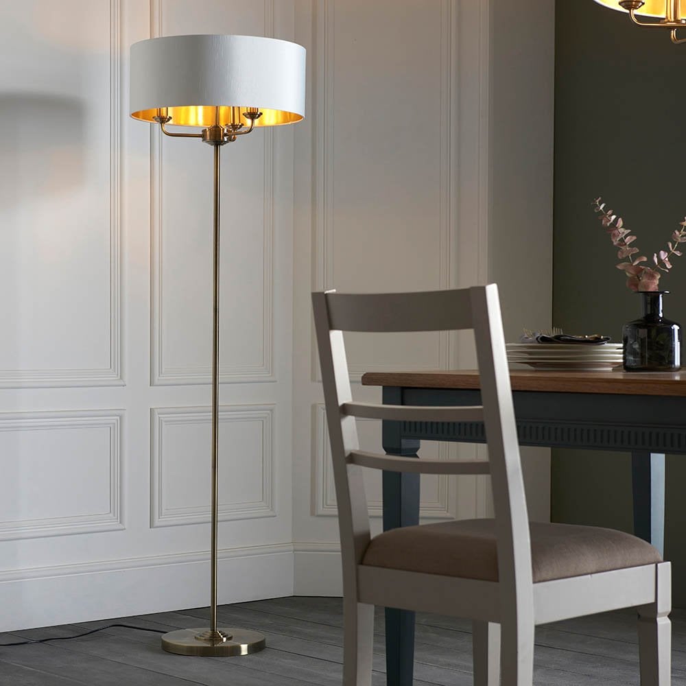 Highclere 3 Light Floor Lamp in Antique Brass C/W White Shade & Gold Inner