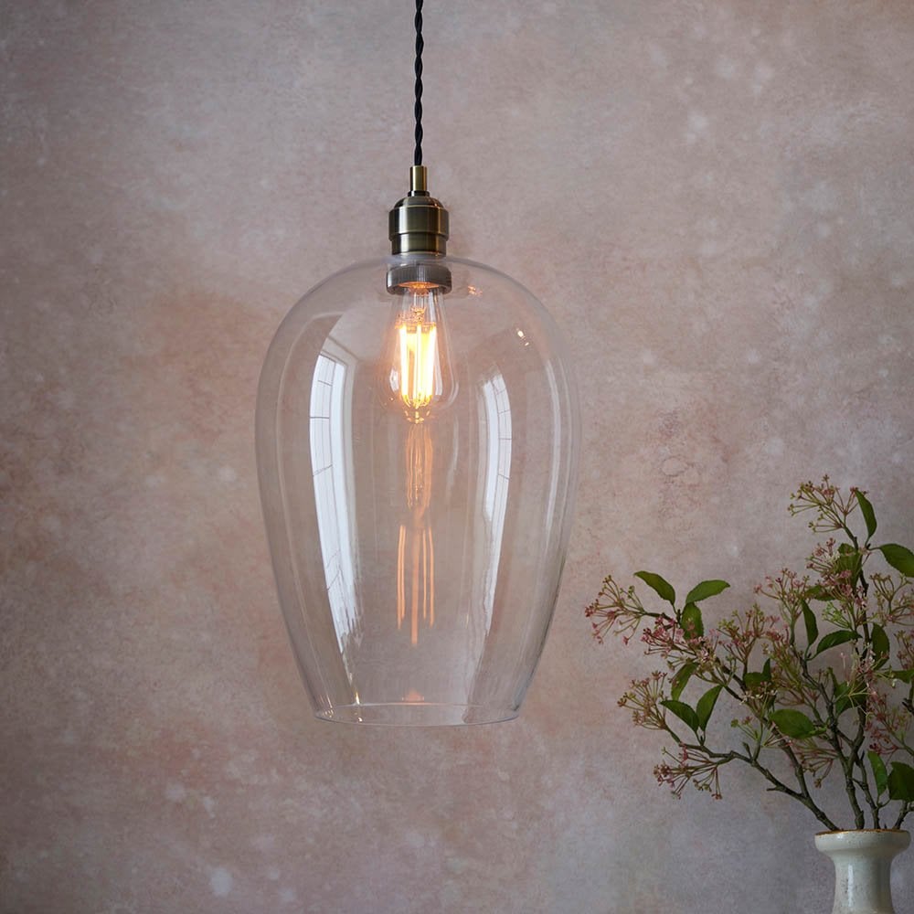 Large Antique Brass & Clear Glass Pendant