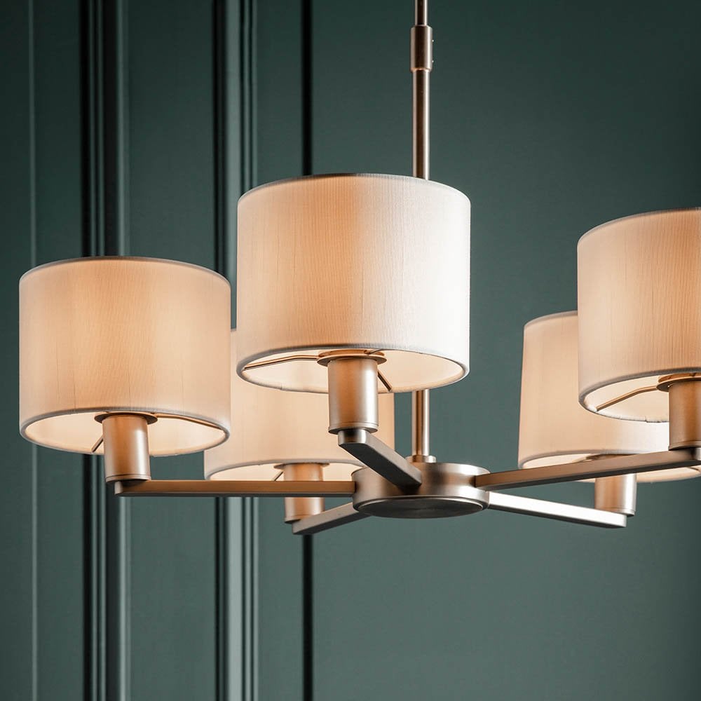 Daley 5 Light Multi Lighti Arm Pendant in Nickel C/W White Shades