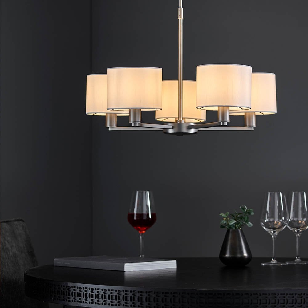 Daley 5 Light Multi Lighti Arm Pendant in Nickel C/W White Shades