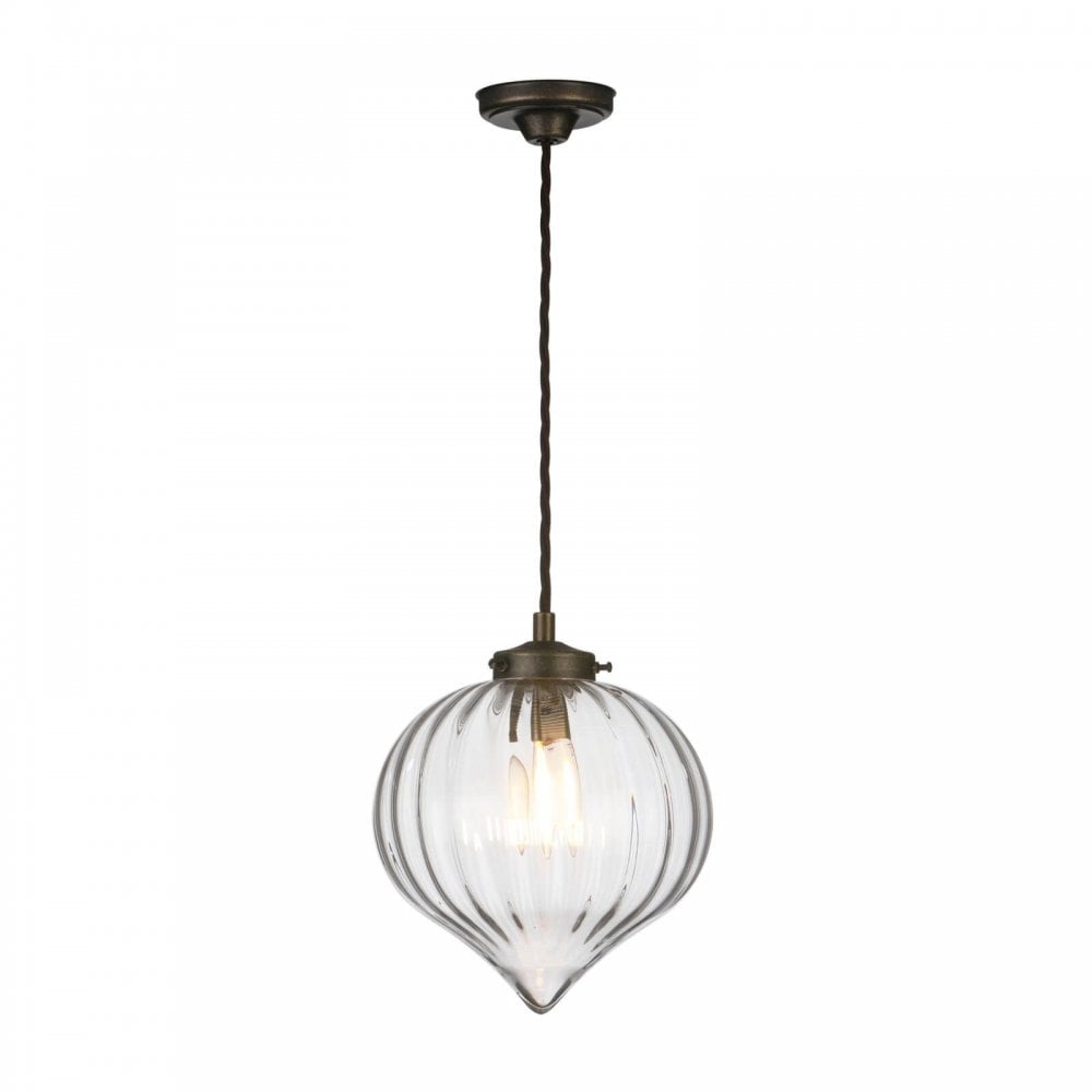 Holborn Antique Brass Pendant with Ribbed Glass