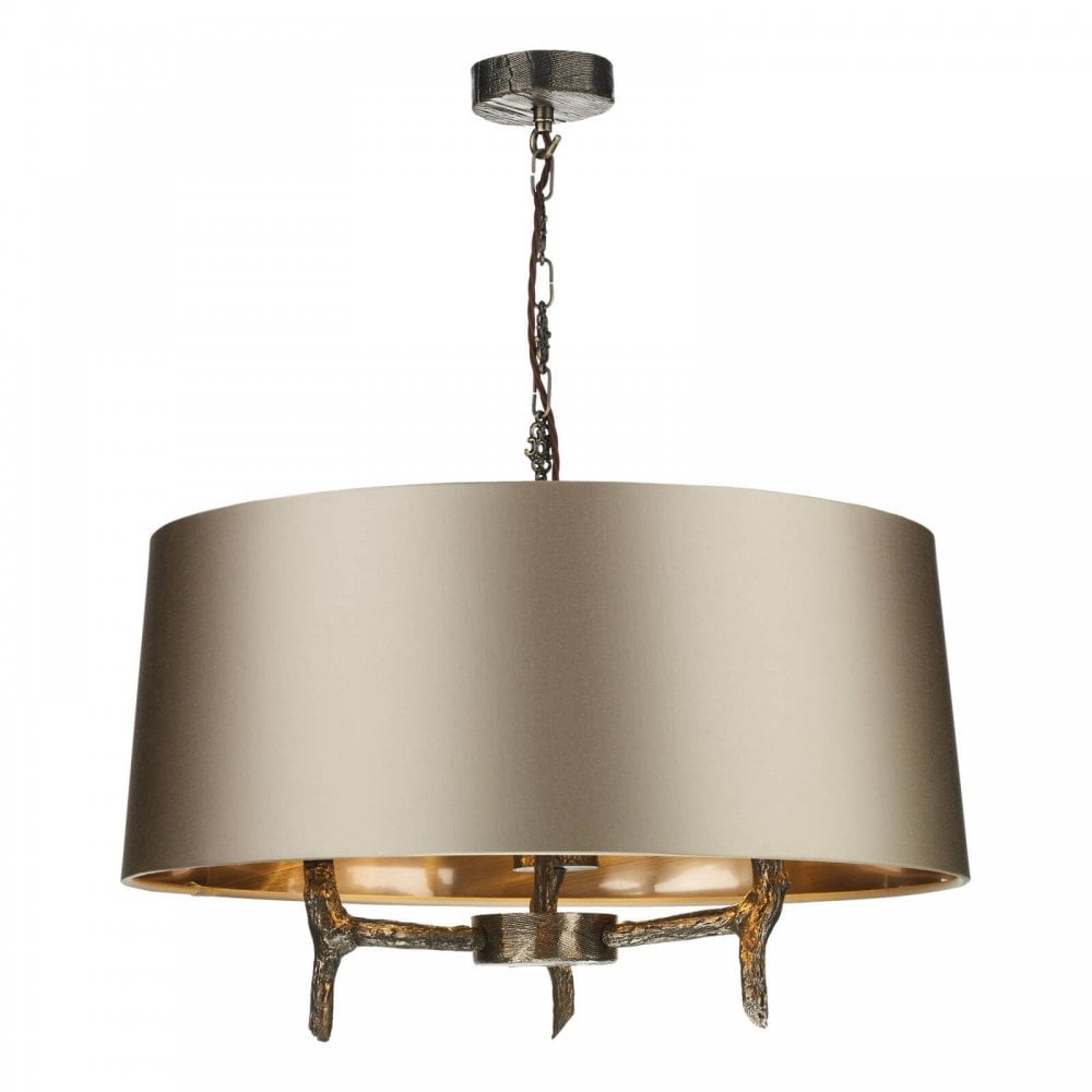 Joshua 3 Light Shaded Bronze Pendant Taupe Silk Shade