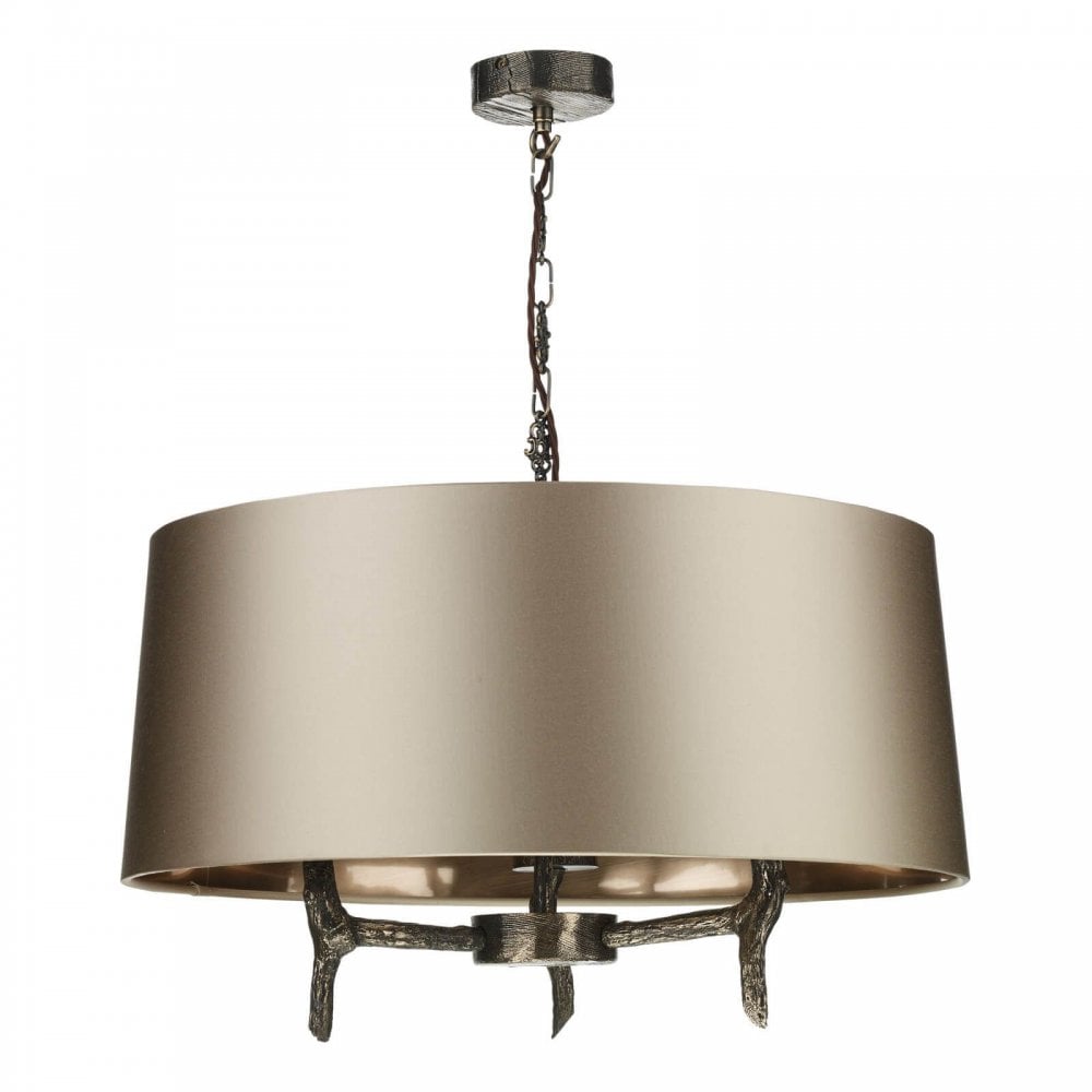 Joshua 3 Light Shaded Bronze Pendant Taupe Silk Shade