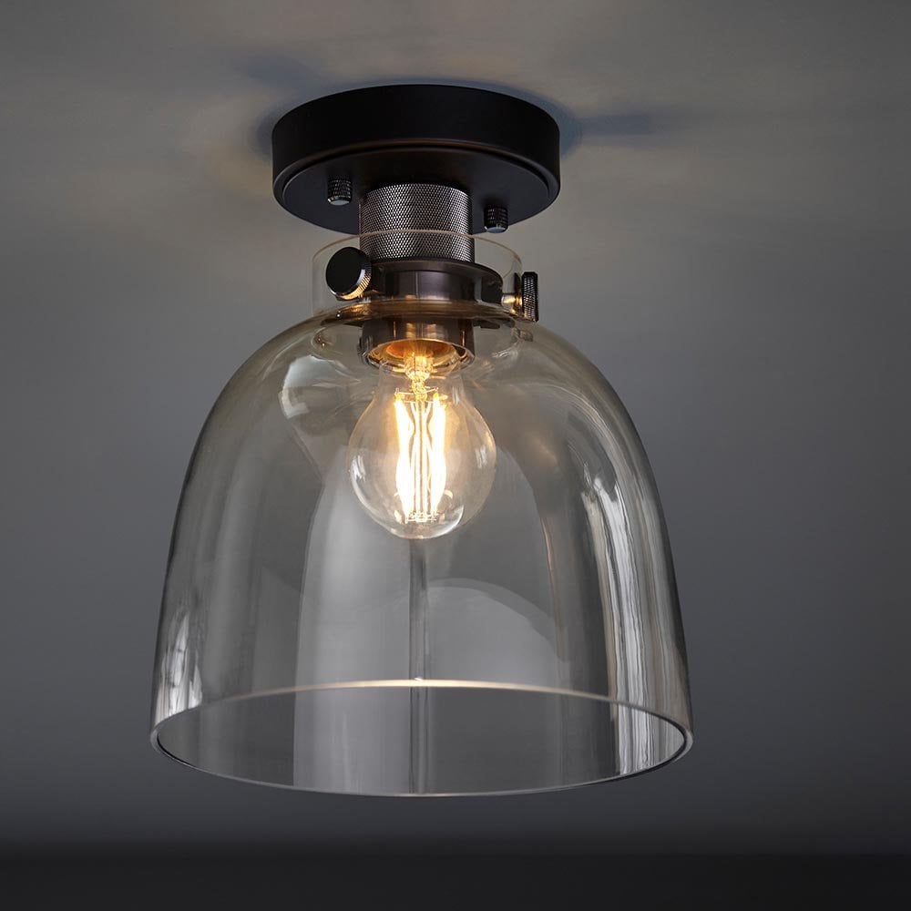 Urban Belle Flush Light in Matt Black & Grey Glass Shade