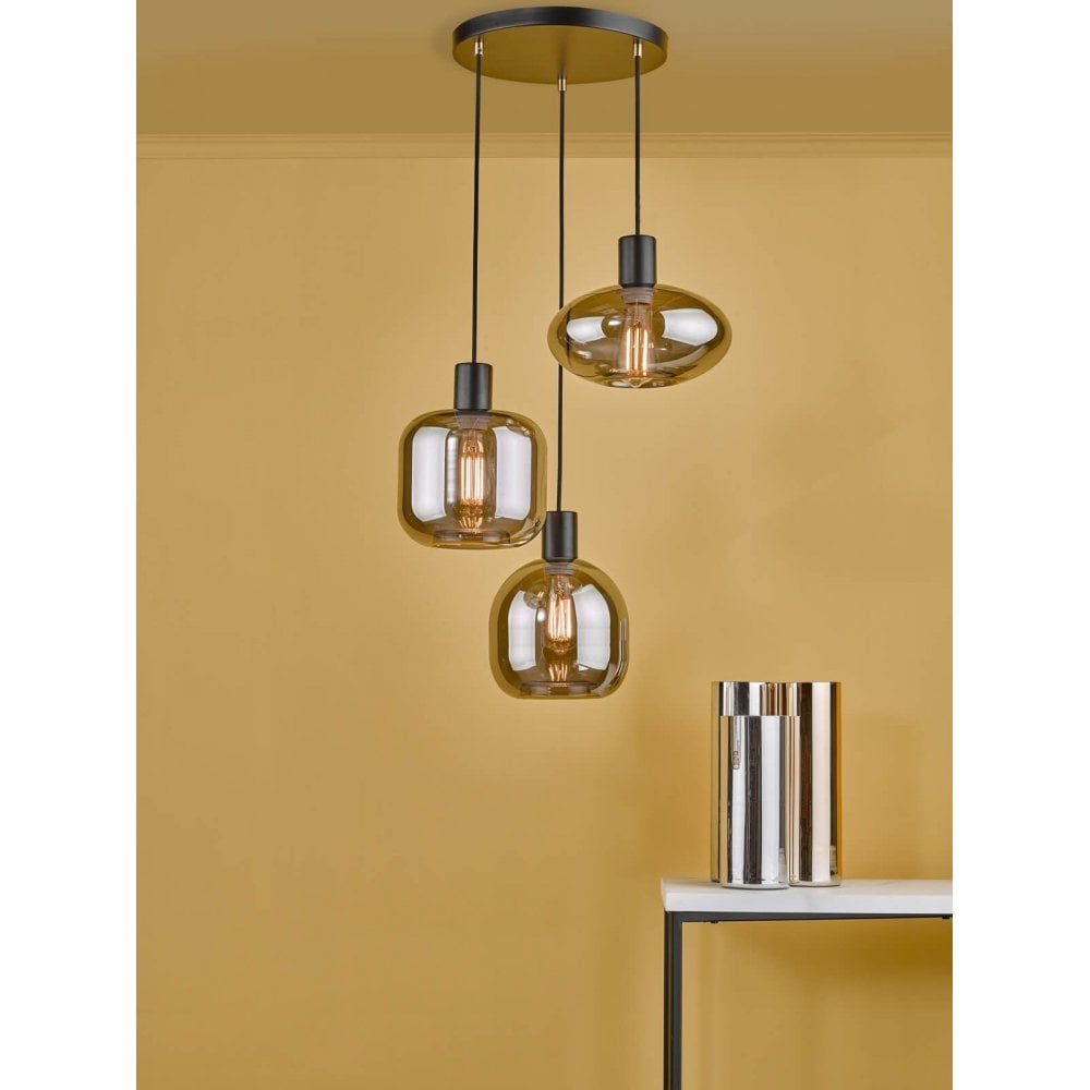 Aiden 3 Light Cluster Pendant in Satin Black & Smoked Glass