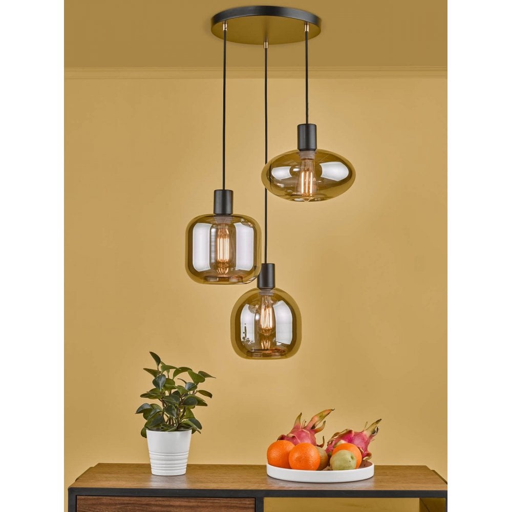 Aiden 3 Light Cluster Pendant in Satin Black & Smoked Glass