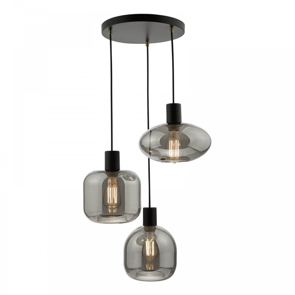 Aiden 3 Light Cluster Pendant in Satin Black & Smoked Glass