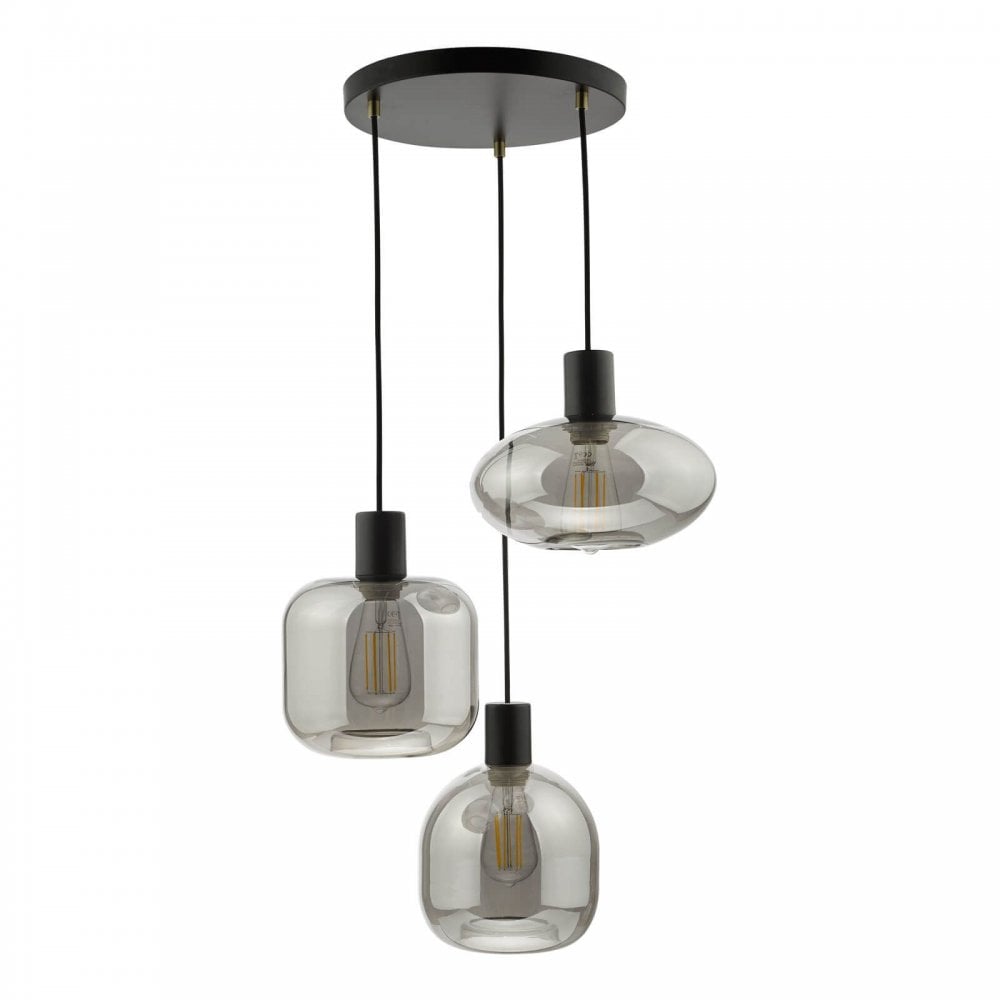 Aiden 3 Light Cluster Pendant in Satin Black & Smoked Glass