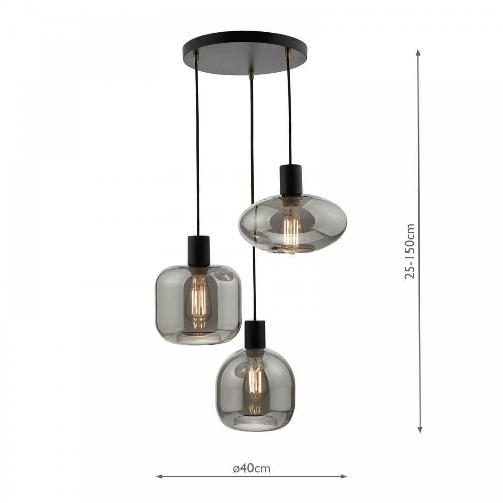 Aiden 3 Light Cluster Pendant in Satin Black & Smoked Glass