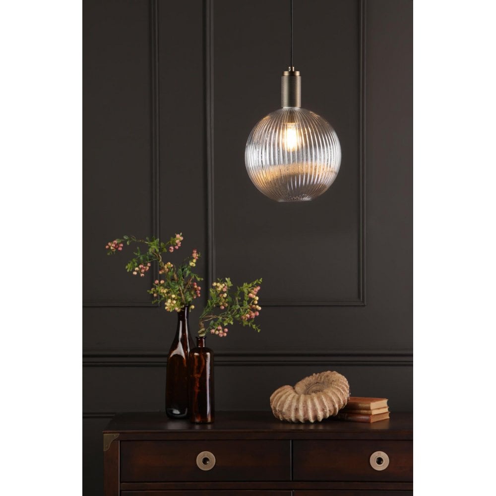 Nikolas Solid Brass Pendant C/W Round Ribbed Glass Shade