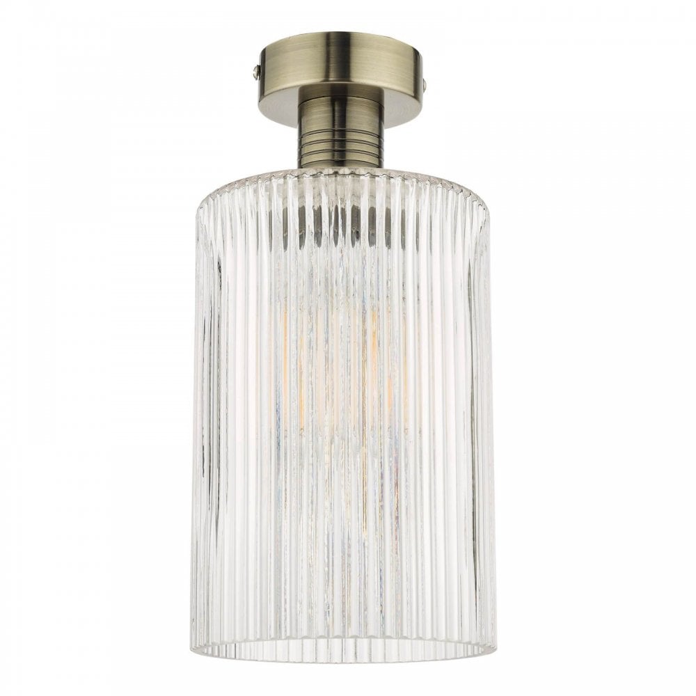 Emerson Semi Flush Antique Brass Cylinder Ribbed Glass