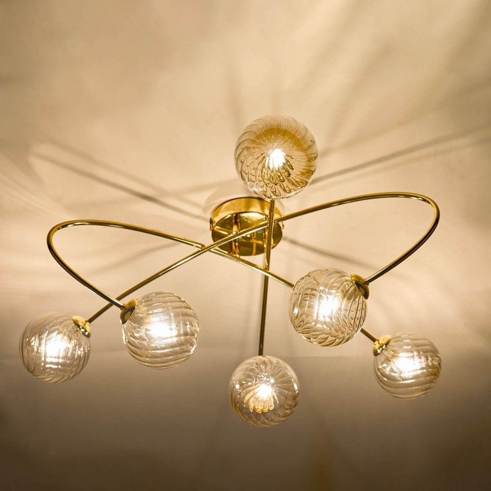 Etta 6 Light Semi Flush Fitting in Polished Gold & Champagne Glass