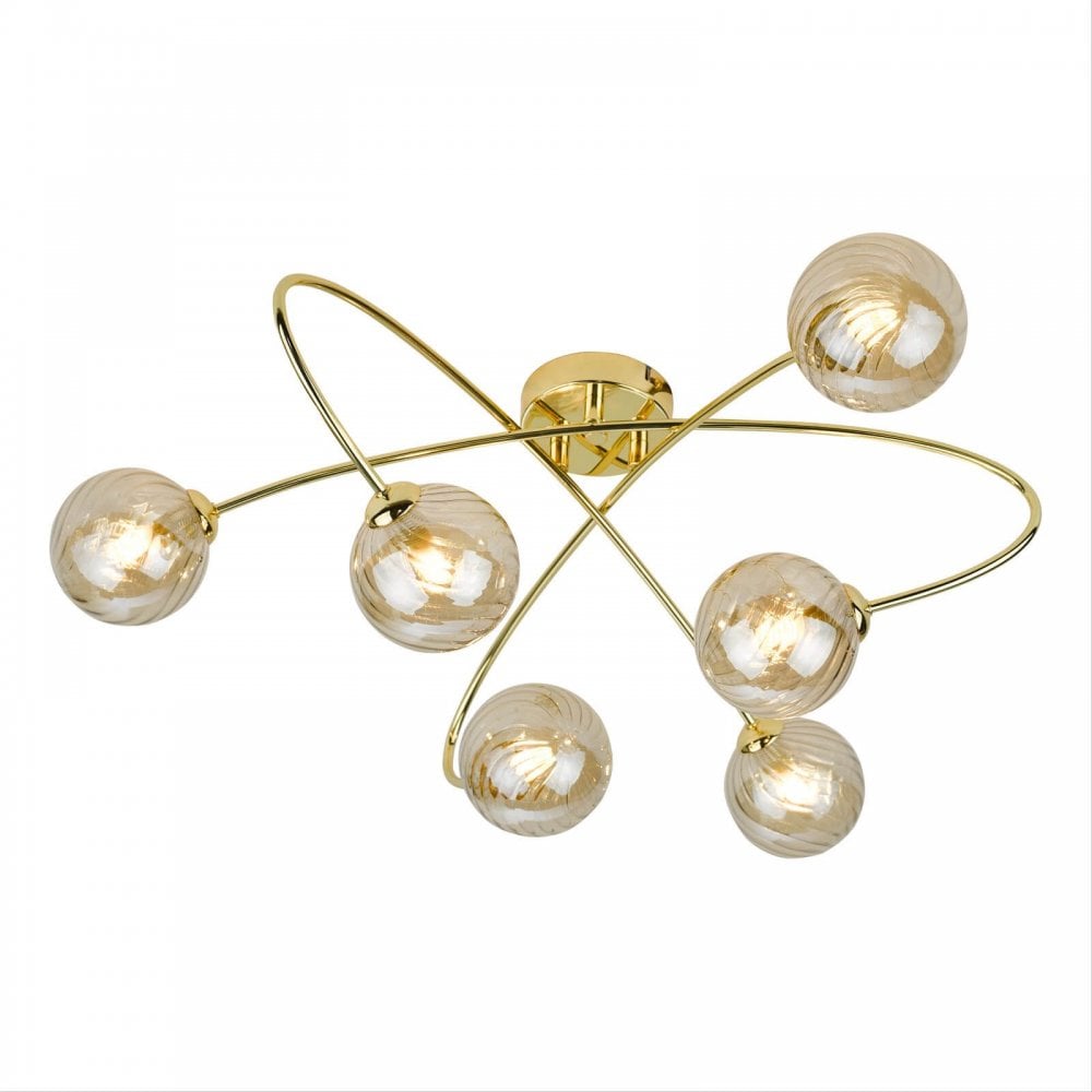 Etta 6 Light Semi Flush Fitting in Polished Gold & Champagne Glass