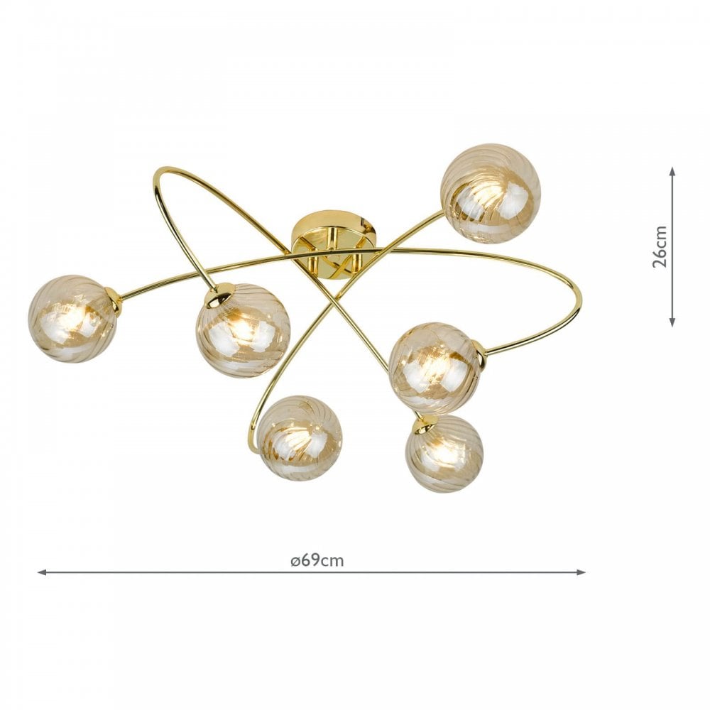 Etta 6 Light Semi Flush Fitting in Polished Gold & Champagne Glass