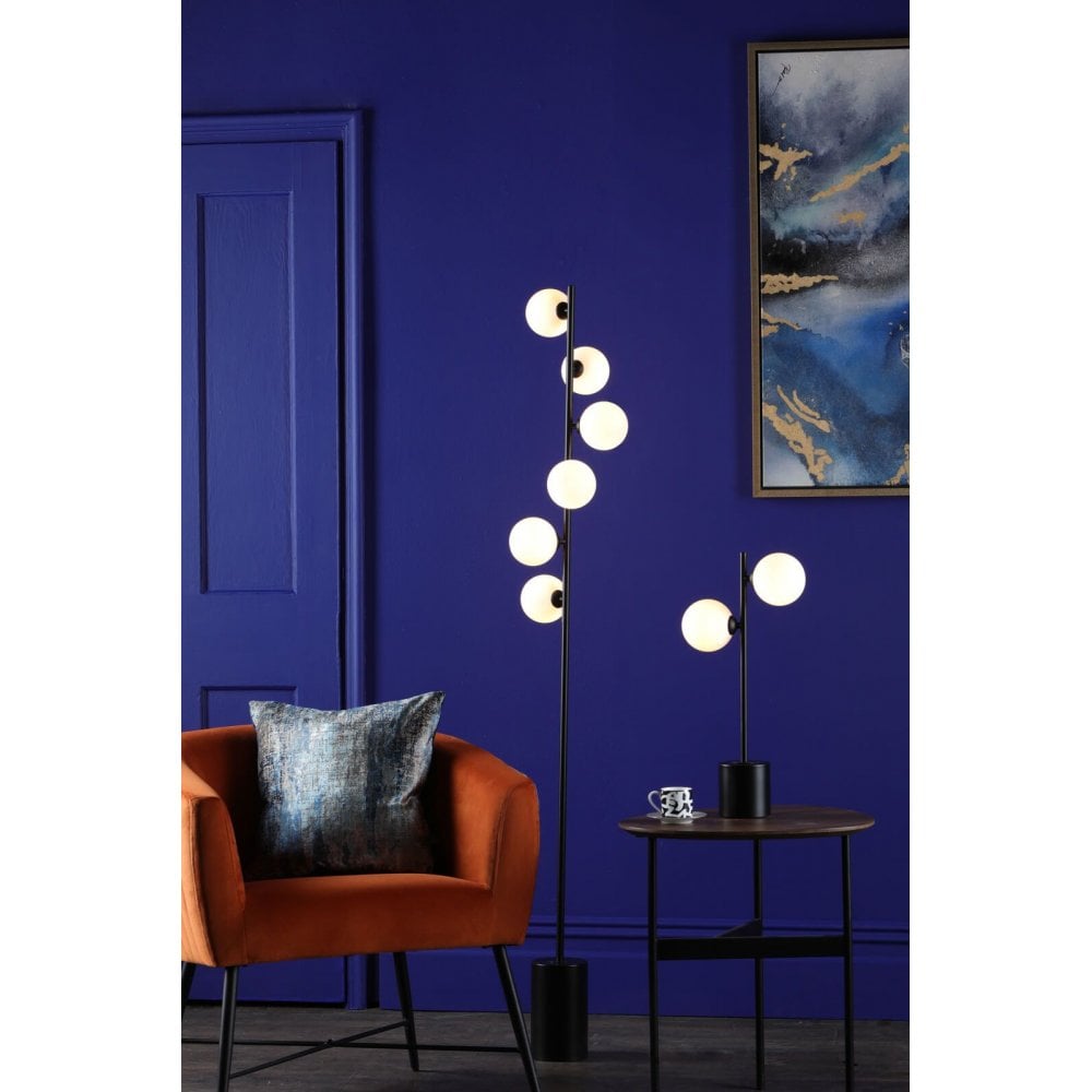 Spiral 6 Light Matt Black Floor Lamp with Opal Glass