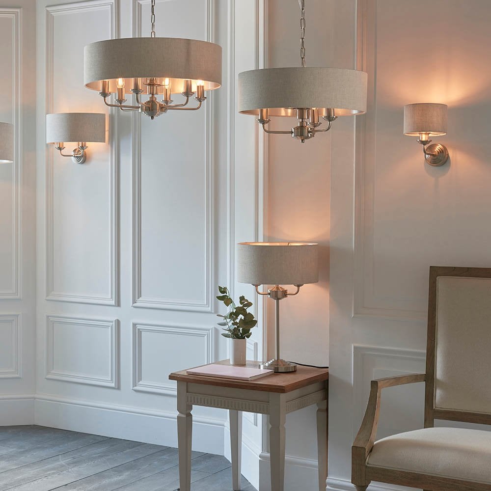 Highclere 3 Light Pendant in Brushed Chrome C/W Natural Shade
