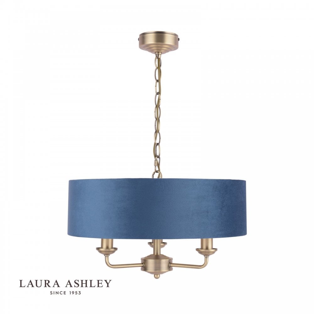 Sorrento 3 Light Pendant in Antique Brass C/W Blue Shade