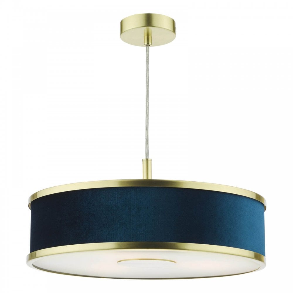 Alvaro 3 Light Pendant in Brushed Brass C/W Blue Shade