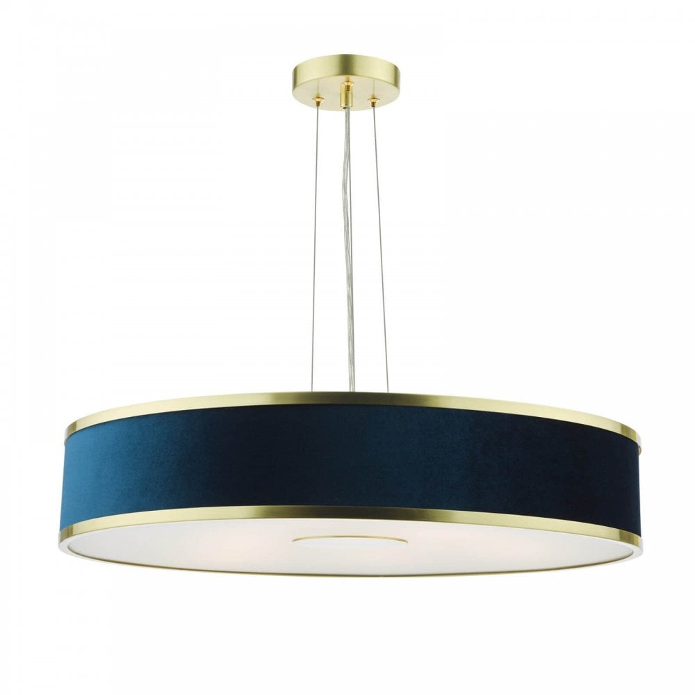 Alvaro 6 Light Pendant in Brushed Brass C/W Blue Shade