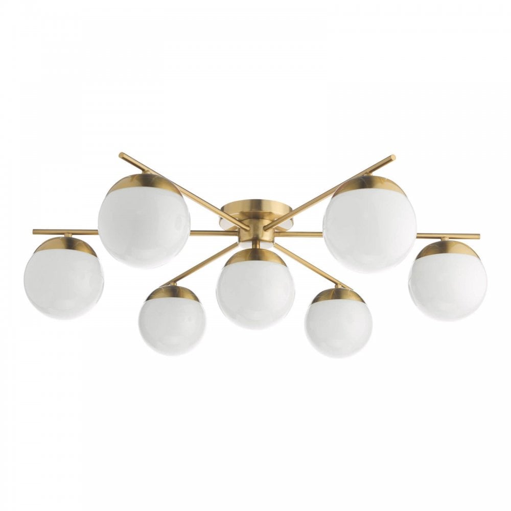 Bombazine 7 Light Semi Flush in Natural Brass C/W Opal Shades