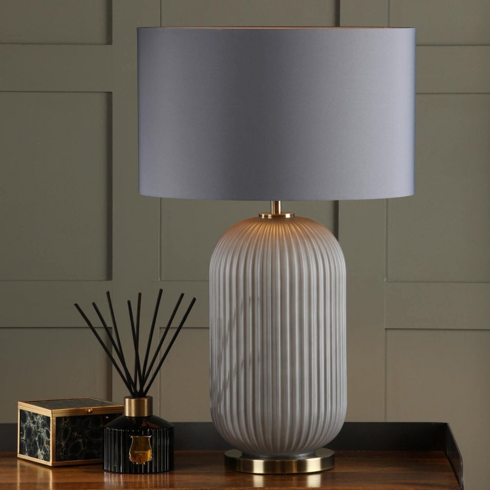 Helicon Grey Ribbed Table Lamp C/W Grey Shade