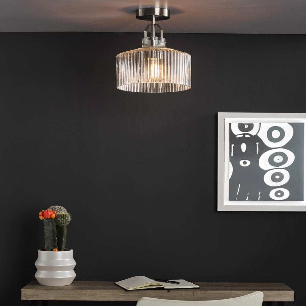 Lenka Satin Nickel Semi Flush Fitting with Ribbed Glass