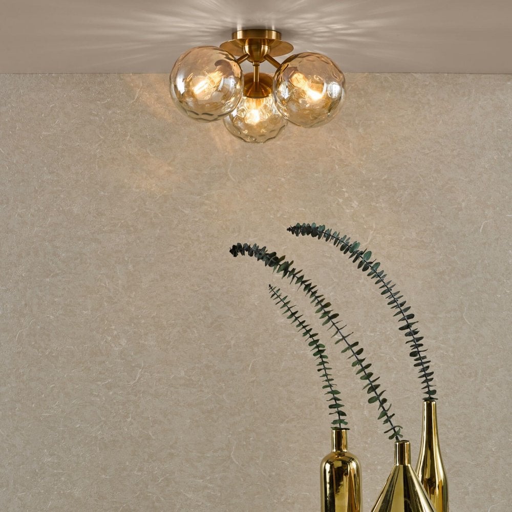 Ulrika 3 Light Antique Brass & Amber Glass Semi Flush