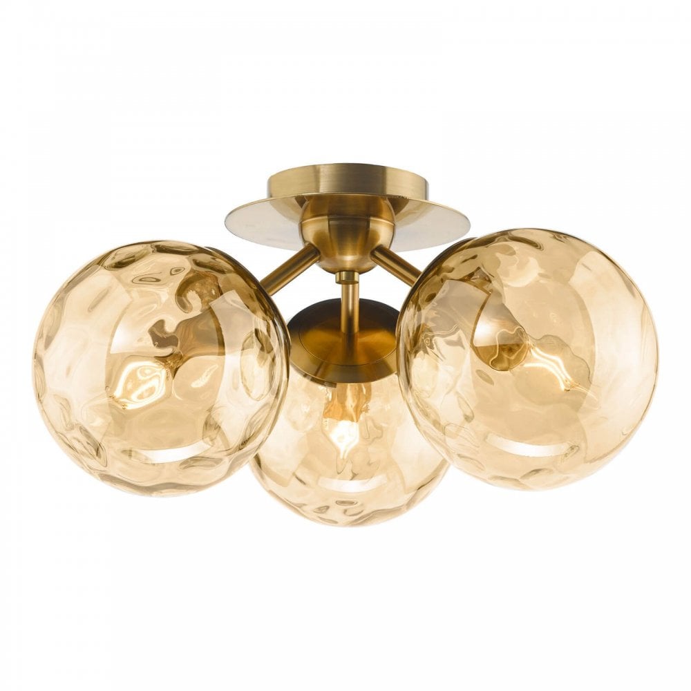 Ulrika 3 Light Antique Brass & Amber Glass Semi Flush