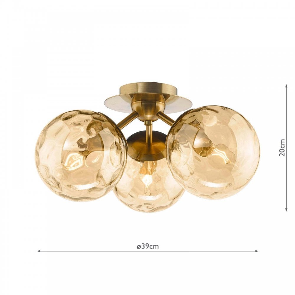 Ulrika 3 Light Antique Brass & Amber Glass Semi Flush