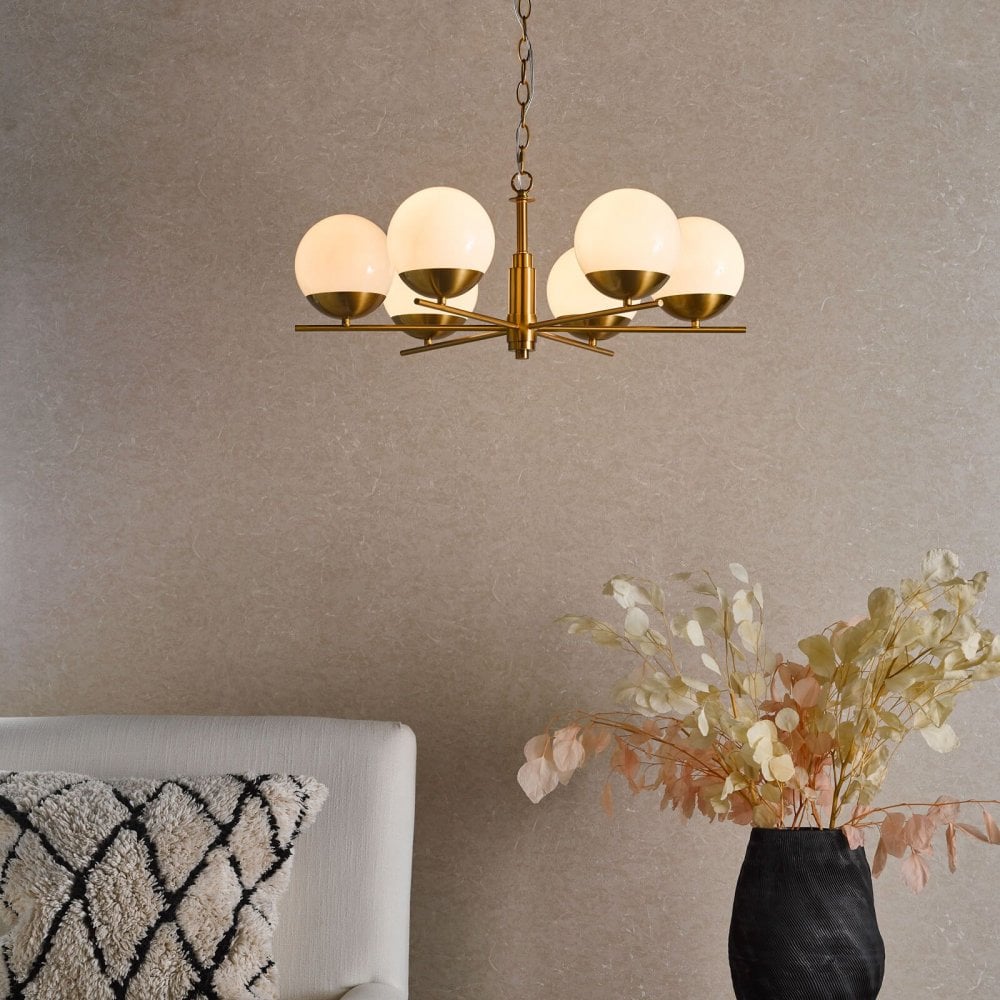 Bombazine 6 Light Pendant in Natural Brass C/W Opal Shades