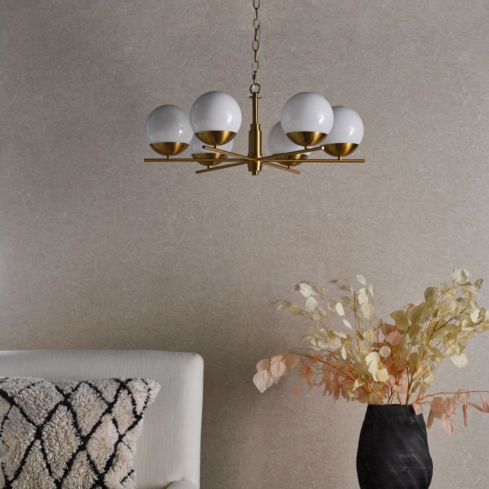 Bombazine 6 Light Pendant in Natural Brass C/W Opal Shades