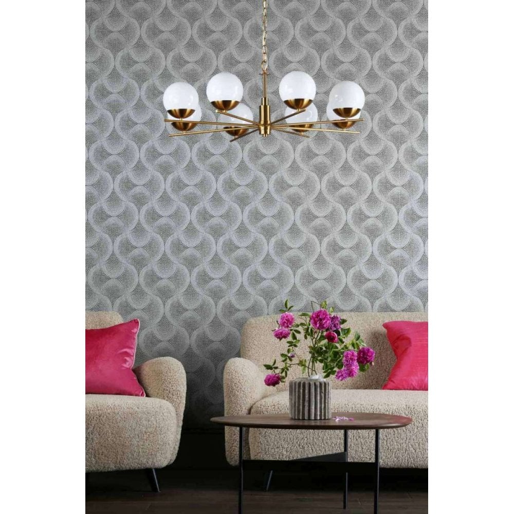 Bombazine 8 Light Pendant in Natural Brass C/W Opal Shades