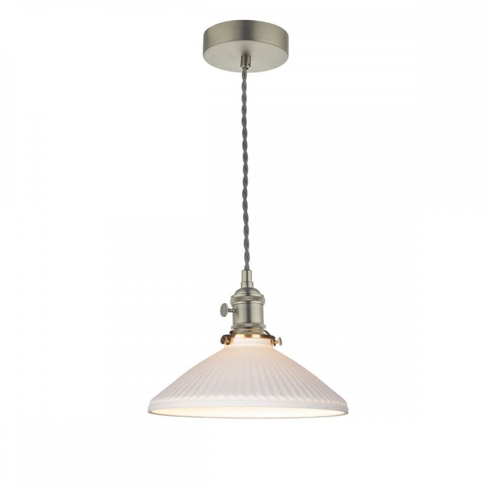 Hadano Antique Chrome Pendant with Shallow Ceramic Shade
