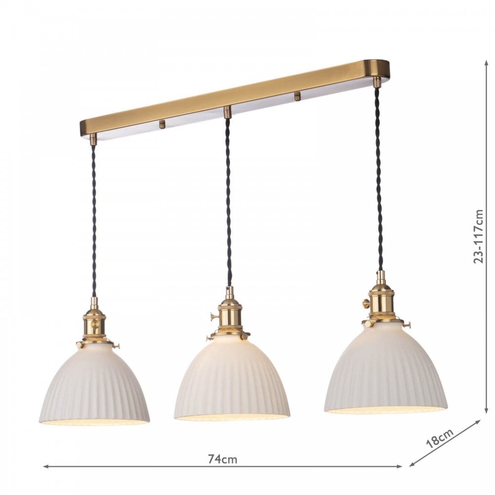 Hadano 3 Light Natural Brass Bar with Ceramic Domed Shades