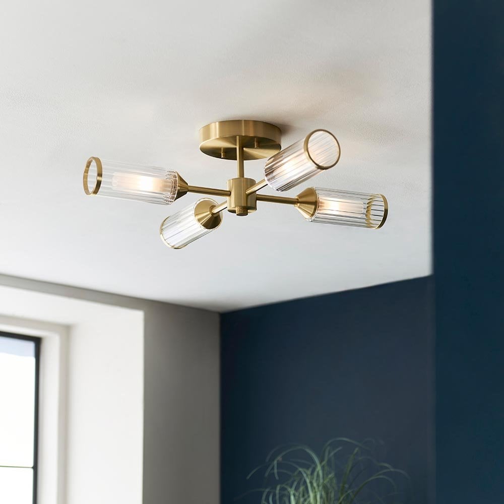 Sally 6 Light Semi Flush Fitting in Satin Brass & Ribbed Glass