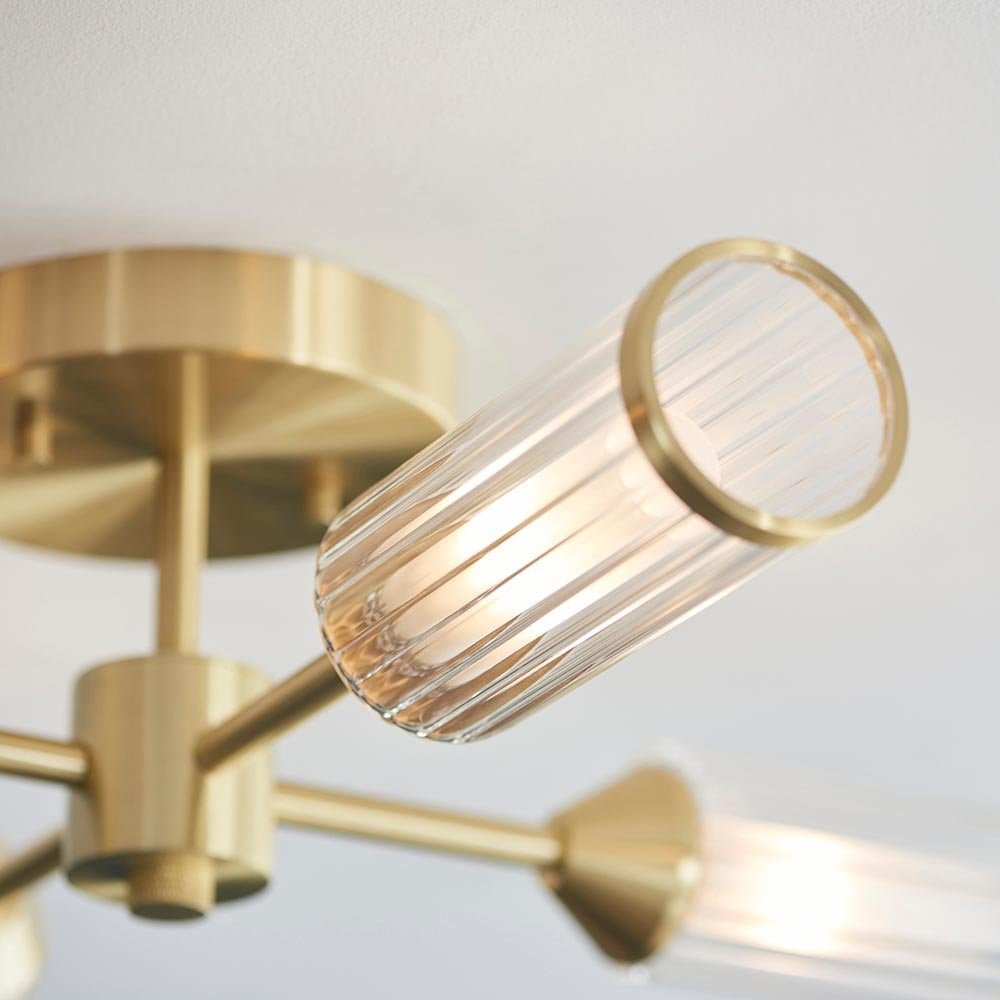 Sally 6 Light Semi Flush Fitting in Satin Brass & Ribbed Glass