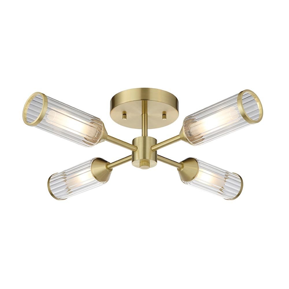 Sally 6 Light Semi Flush Fitting in Satin Brass & Ribbed Glass
