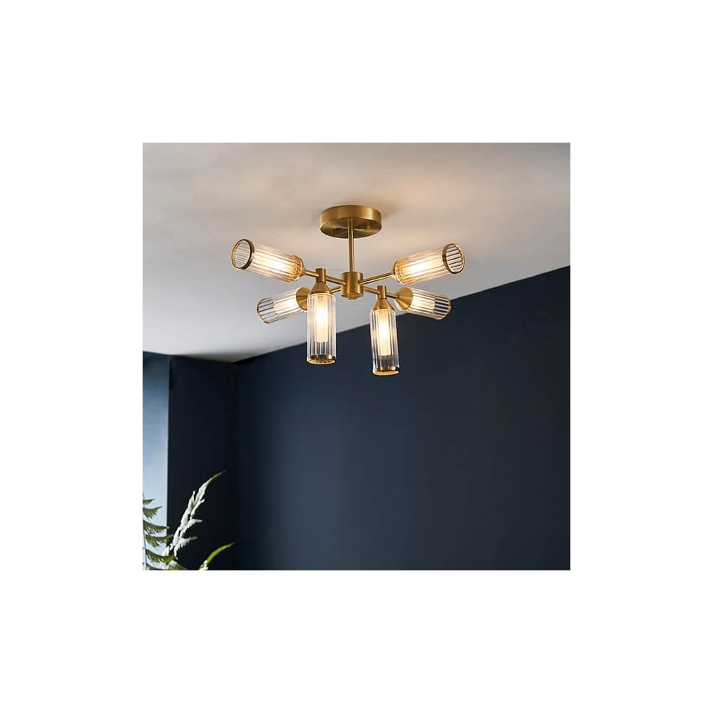Sally 6 Light Semi Flush Fitting in Satin Brass & Ribbed Glass
