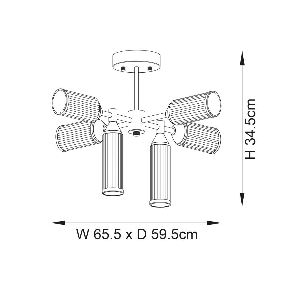Sally 6 Light Semi Flush Fitting in Satin Brass & Ribbed Glass