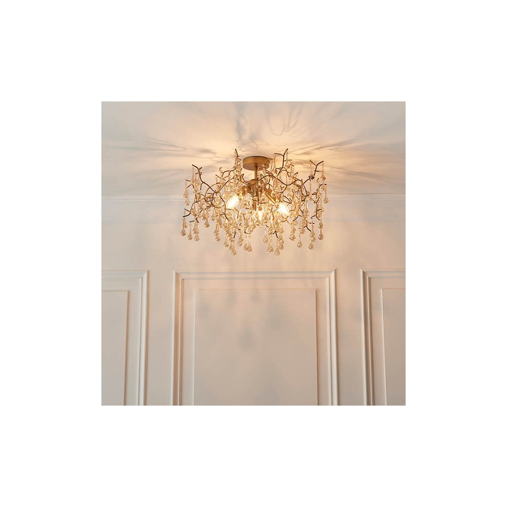 Colin Aged Gold 3 Light Semi flush with Glass Droplets