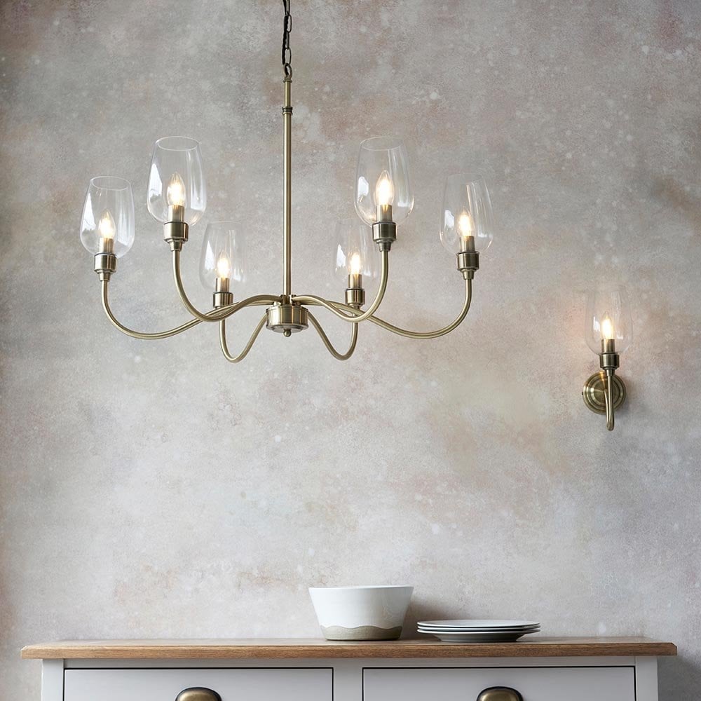 Pure 6 Light Antique Brass Fitting with Glass Shades