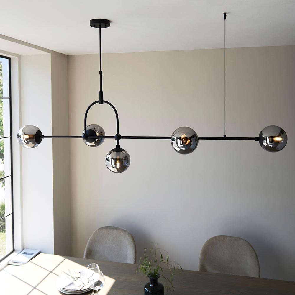 Erin Matt Black Linear Pendant C/W Grey Tinted Glass Shades