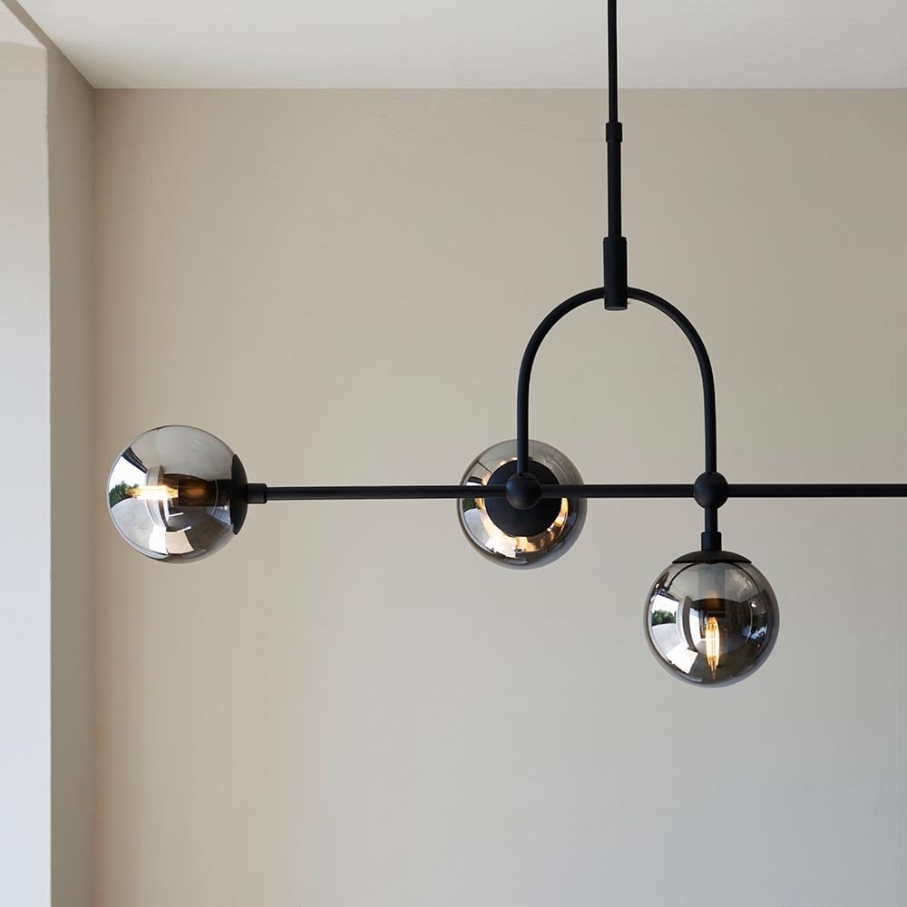 Erin Matt Black Linear Pendant C/W Grey Tinted Glass Shades