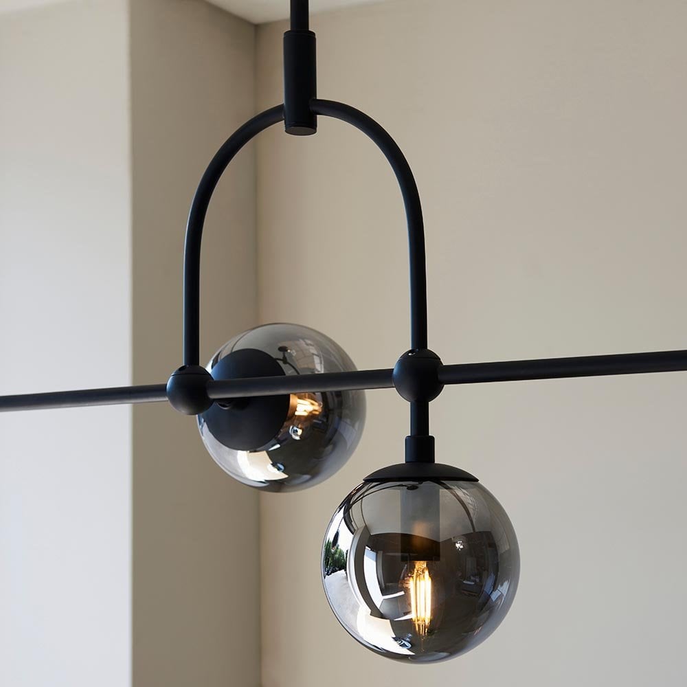 Erin Matt Black Linear Pendant C/W Grey Tinted Glass Shades