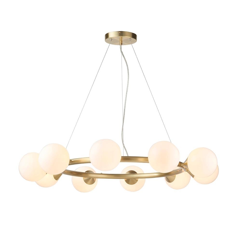 Eve 10 Light Satin Brass Pendant C/W Gloss White Shades