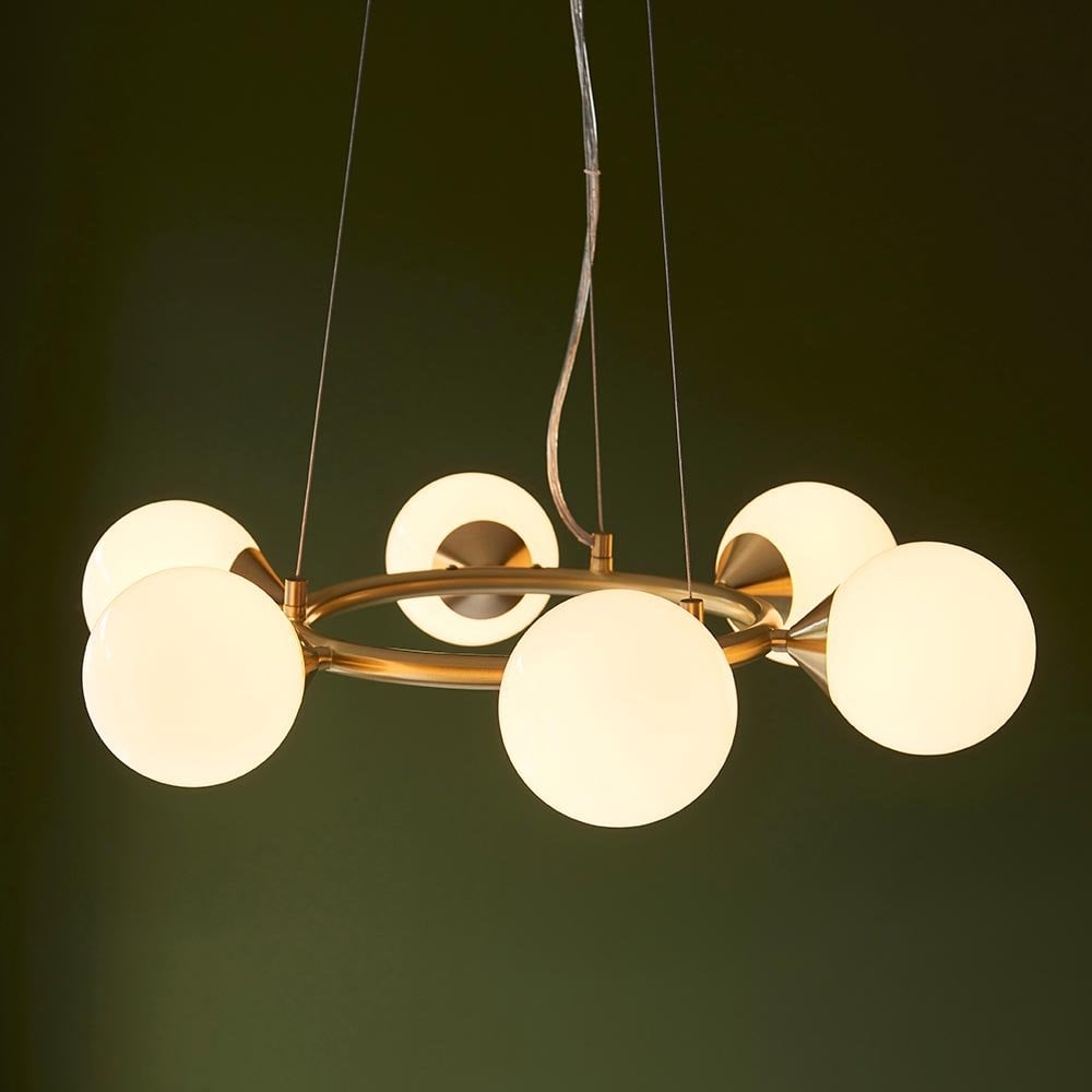 Eve 6 Light Satin Brass Pendant C/W Gloss White Shades