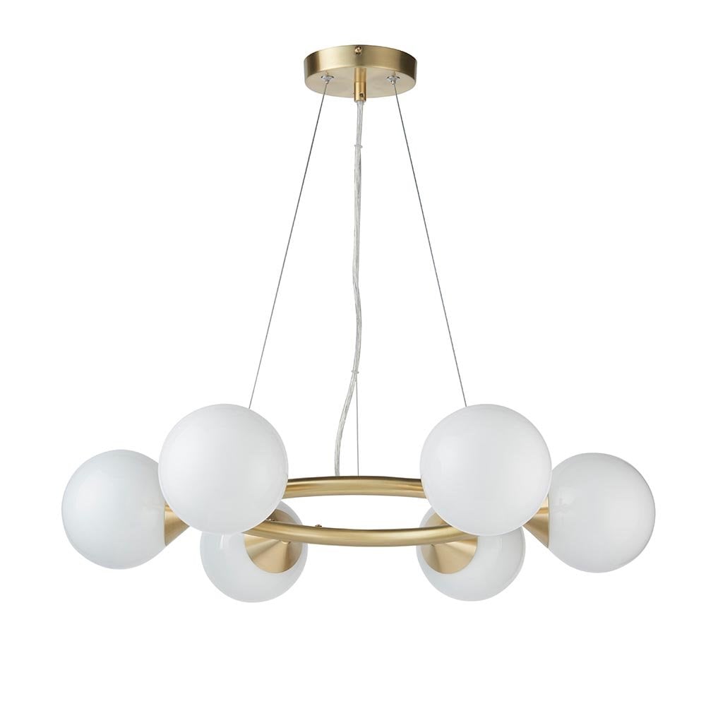 Eve 6 Light Satin Brass Pendant C/W Gloss White Shades