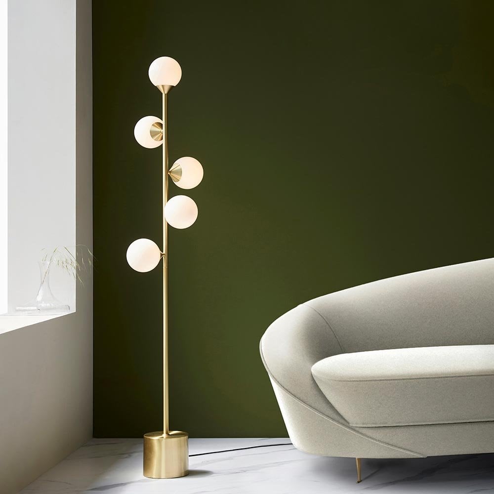 Eve Satin Brass Floor Lamp C/W Gloss White Shades
